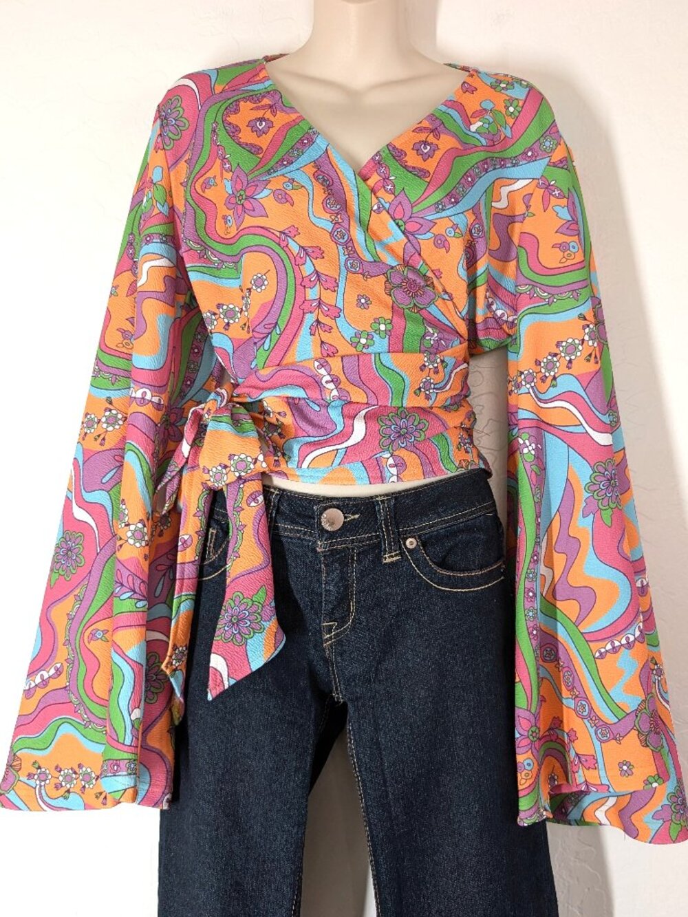 SMAK PARLOUR Top XL Wrap Retro Psychedelic Hippie Flare Sleeve Blouse